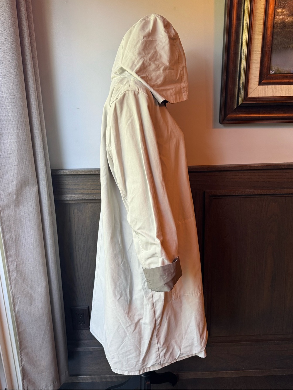 Eileen Fisher cream & gray reversible Hooded Trench Coat - Picture 6 of 10